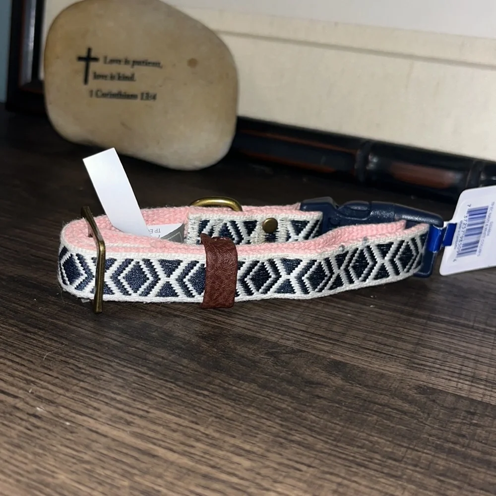 Top Paw Geometric Woven Adjustable Dog Collar Blue Pattern w Pink Dog Collar NWT